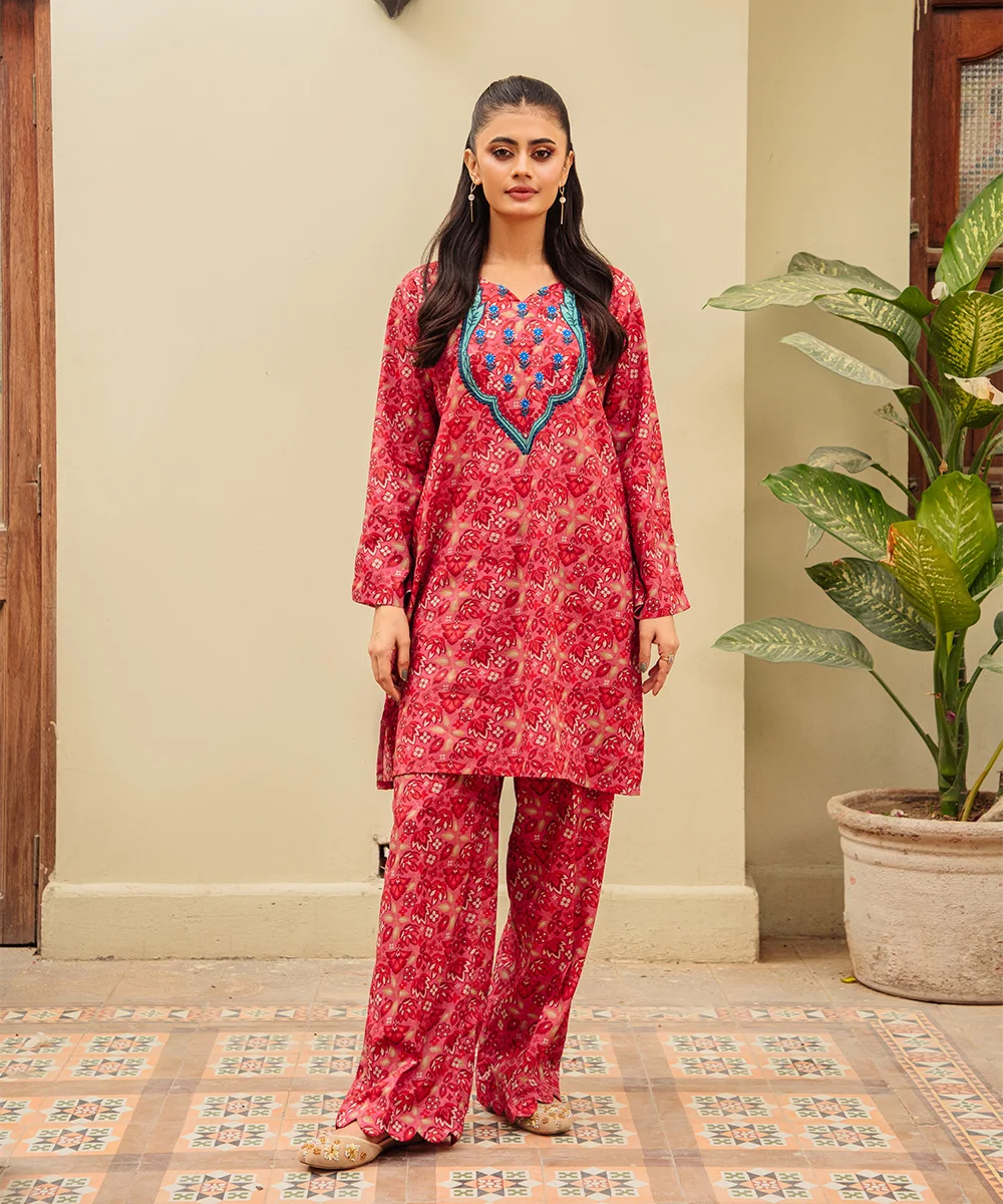 2 PCS Printed Embroidered Red - OMD Dress