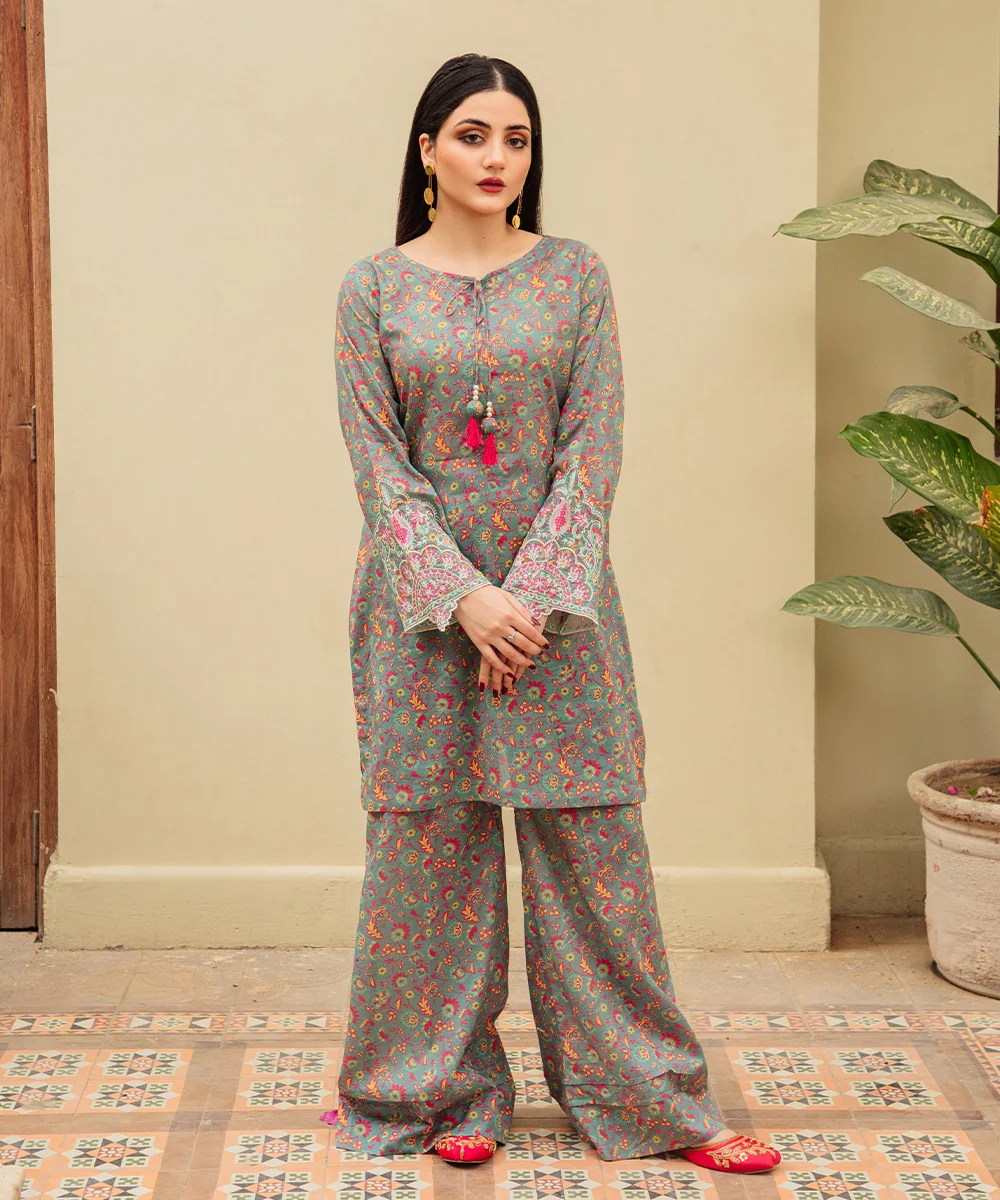 2 PCS Printed Embroidered Gray - OMD Dress