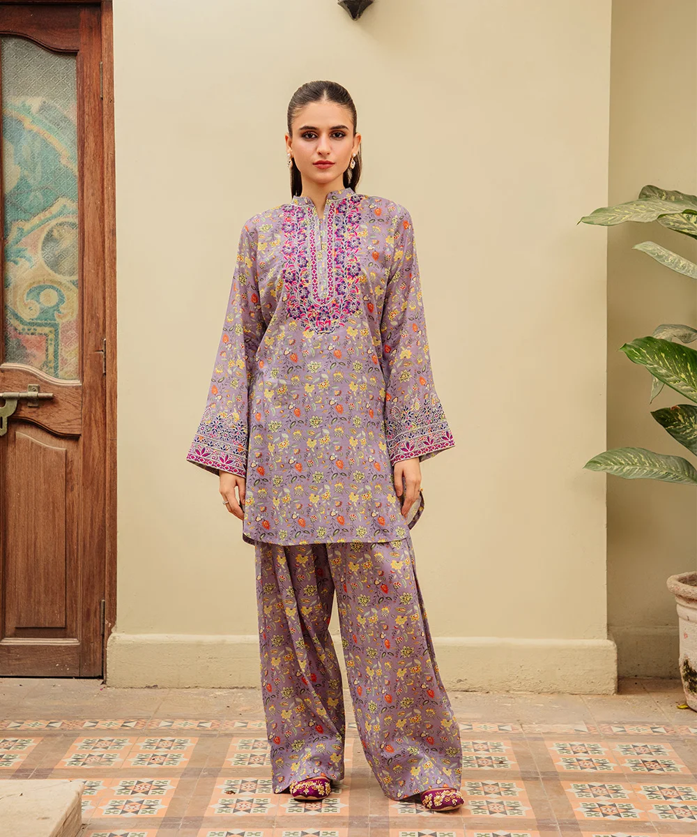 2 PCS Printed Embroidered Mauve - OMD Dress