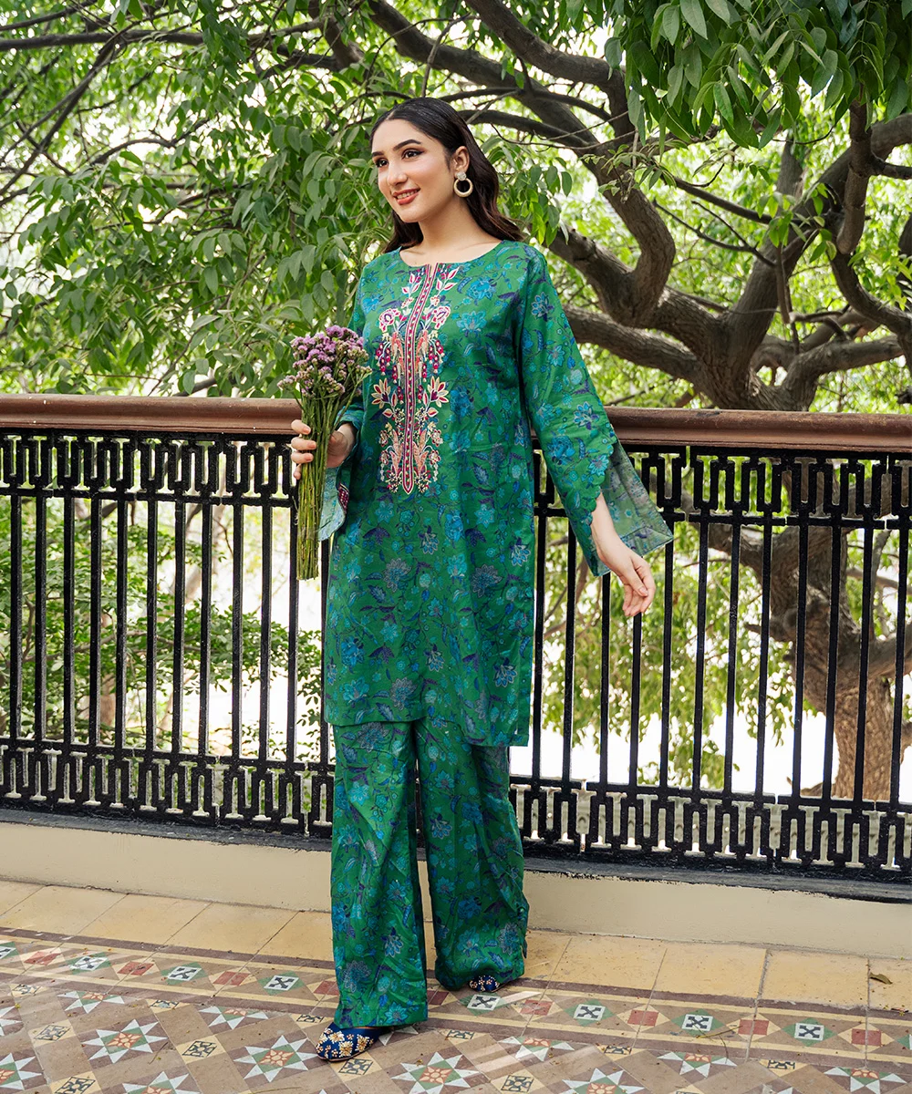 2 PCS Printed Embroidered Green - OMD Dress